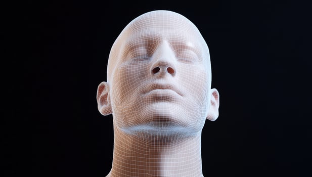 Wireframe head, calm face, dark background, AI concept, tech illustration photo
