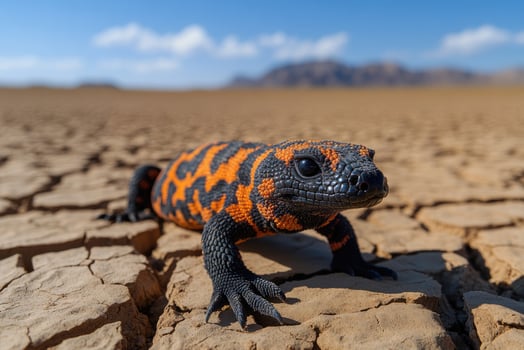 Gila monster crawling on cracked desert soil under blue sky photo