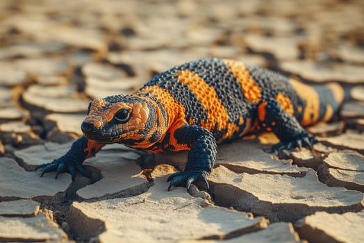 Gila monster crawling on cracked desert soil during sunset photo