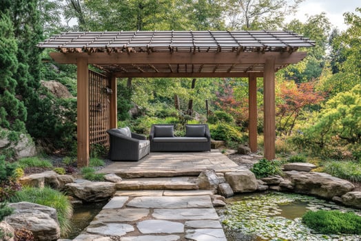 Relaxing pergola in a lush backyard garden with pond photo