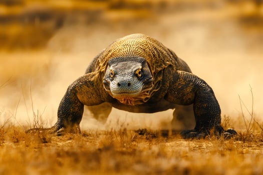 Komodo dragon running on the ground in a tropical landscape photo