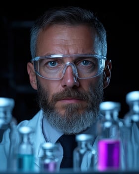 Scientist in lab coat and safety glasses working in a laboratory photo