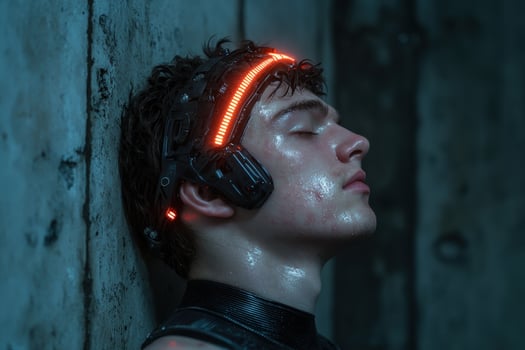 A futuristic man with a glowing headset leans against a wall photo