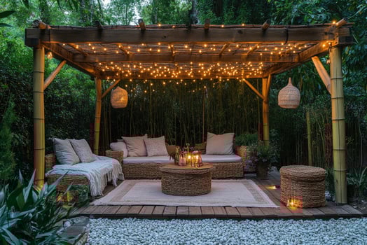 Cozy pergola lighting up a relaxing backyard garden lounge area photo