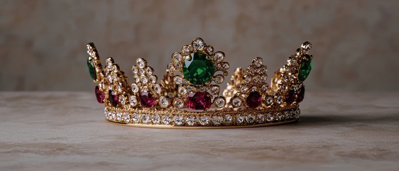 A golden crown with emeralds, rubies, and diamonds photo