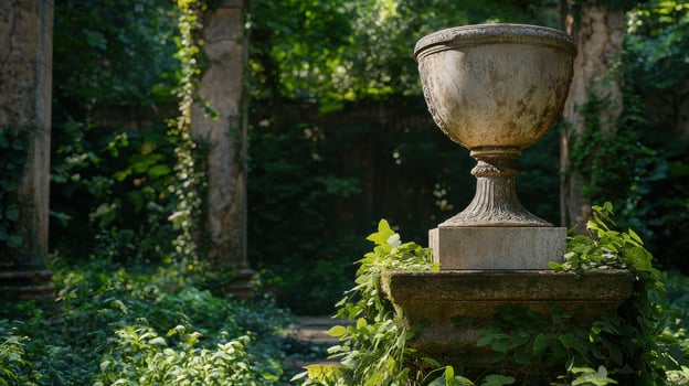 An old stone urn in a lush garden photo