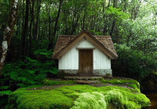 A quaint cabin nestled in a lush green forest photo