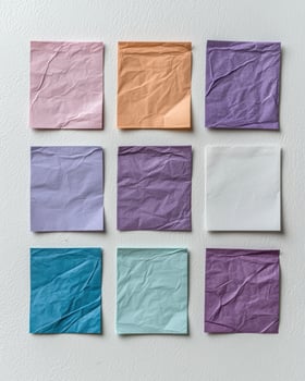 Colorful crumpled paper squares on a white background photo