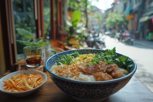 Enjoying vietnamese cuisine in a cozy street cafe photo