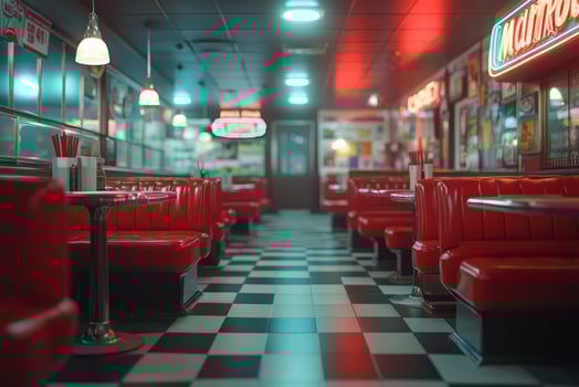 Empty retro american diner booths and checkered floor photo