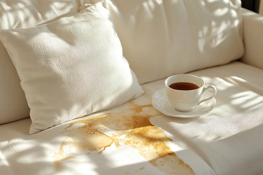 White sofa with a cup of coffee on it and a coffee stain on the seat. Upholstered furniture cleaning concept. Generated by artificial intelligence photo