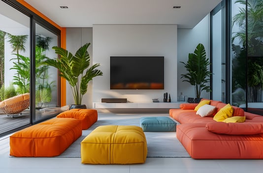 Modern Living Room Decor With Orange And Yellow Furniture photo