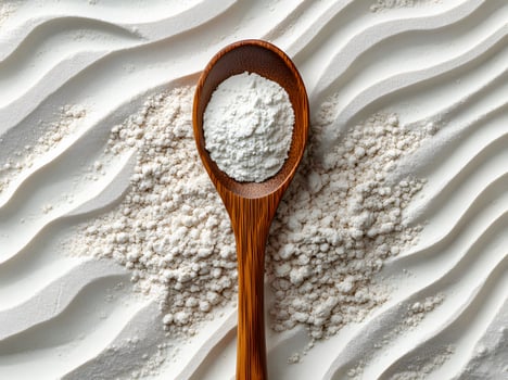 Wooden Spoon Holds White Powder on Wavy Surface photo