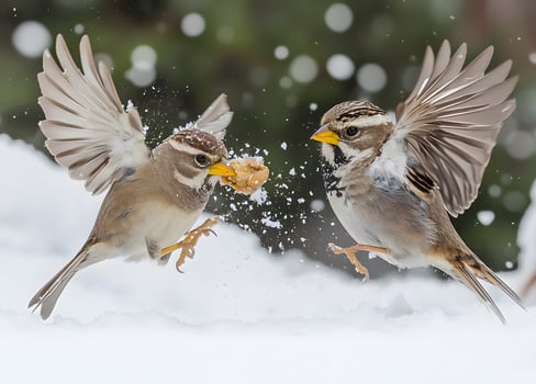 Two sparrows share food in snowy winter photo