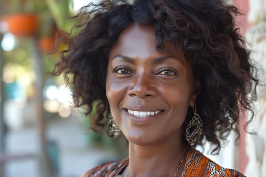 Smiling Black woman with curly hair, wearing intricate earrings, radiating warmth and positivity outdoors. photo