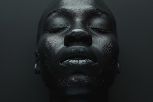 A striking close-up of a Black female model with a glossy finish, exuding tranquility against a dark background. photo