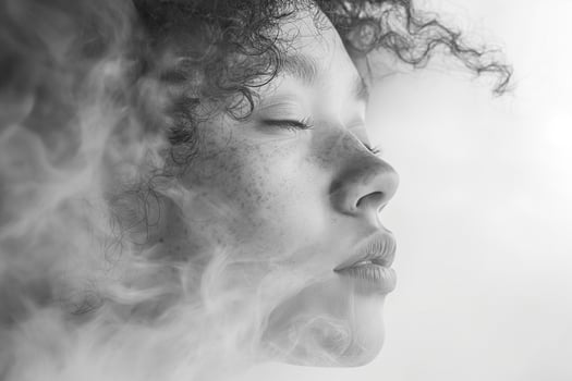 A serene profile of a young mixed-ethnicity woman with curly hair and freckles, enveloped in soft, ethereal smoke. photo