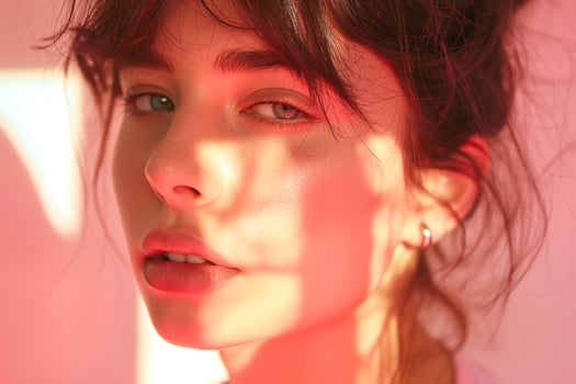 Close-up portrait of a young Caucasian woman with striking green eyes, bathed in soft pink light. photo