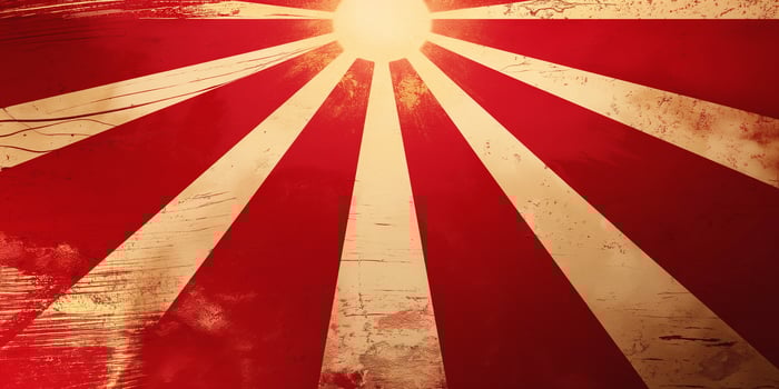 A striking sunburst pattern with bold red and cream stripes radiating outward, creating a dynamic and energetic visual effect. photo