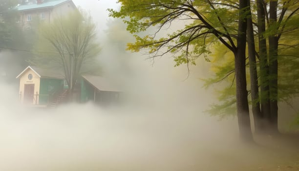 A small house in the fog with trees and trees photo