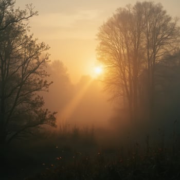 The sun is rising over a foggy field photo