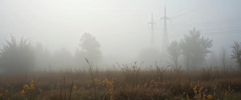A field with tall grass and power lines in the fog photo