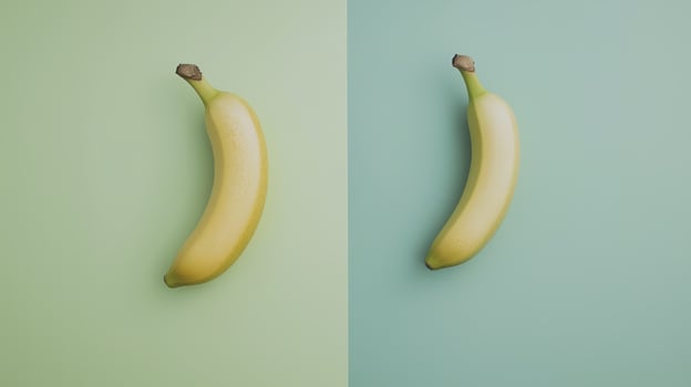 Fresh bananas on flat green and blue background, showcasing vibrant colors and textures photo