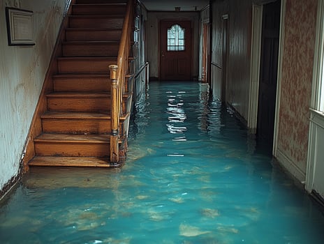 Flooded hallway with staircase, indoor water damage, by entrance photo