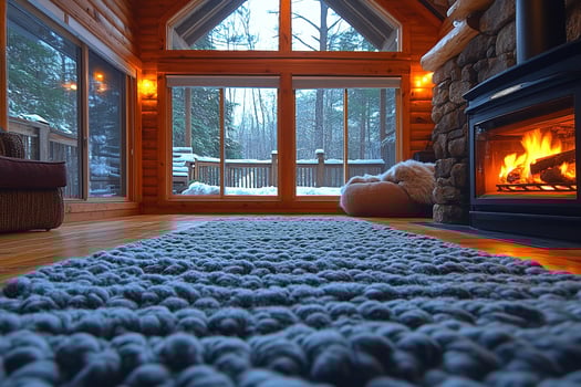Cabin interior with fireplace, rug, wood. Snowy forest visible outside. Stock use photo