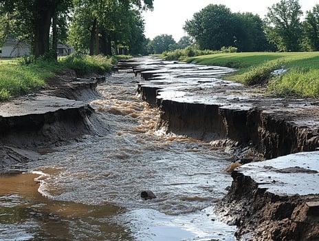 Flooded road in a rural area, eroded edges with trees and building in back, for disaster use photo
