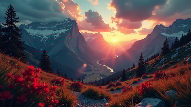 Riveting sunset over majestic, snow-capped mountains. photo