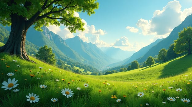 A serene landscape showcases vibrant greenery and blooming daisies, under a vast, tranquil sky. photo