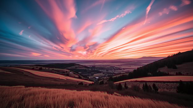 Breathtaking sunset illuminates vast, serene landscape, nestled amidst rolling hills and distant mountains. photo