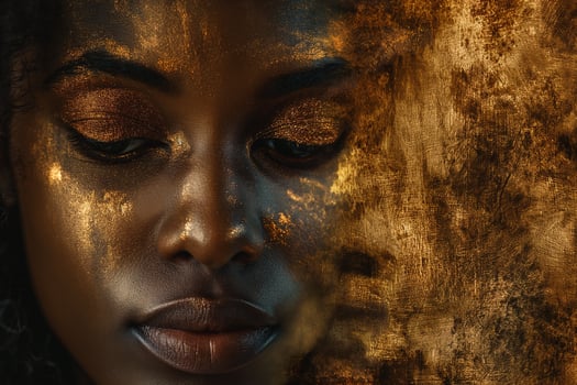 A close-up of a young Black woman with golden eyeshadow and artistic golden textures enhancing her radiant beauty. photo
