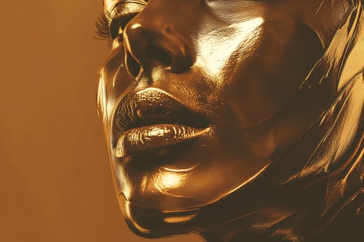 Close-up of a woman with golden skin and glossy lips against a warm background. photo