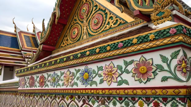 Thai Temple Roof Intricate Carvings and Paintings for Travel Enthusiasts Exploring Southeast Asian Architecture and Cultural Heritage in Bangkok photo