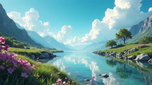 A serene landscape featuring a tranquil lake, majestic mountains, and vibrant flora. photo