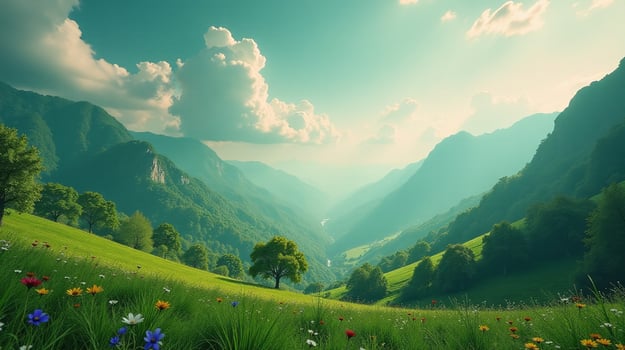 Breathtaking natural landscape, mountains, clouds, and flowers. photo