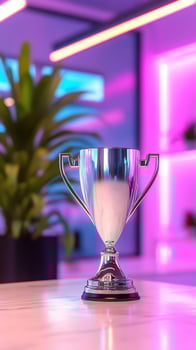 Silver trophy on table, neon lights, plant. Winning, success, achievement photo