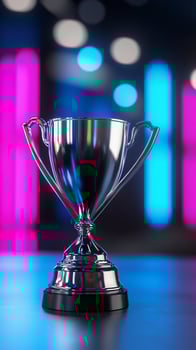 Silver trophy on stage, neon lights, victory, esports photo