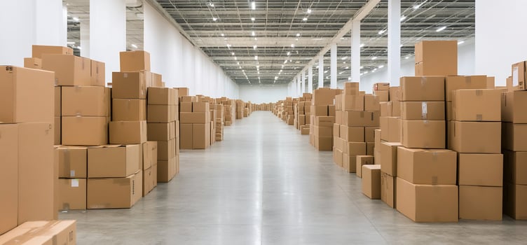 Cardboard boxes in warehouse aisle. Logistics photo