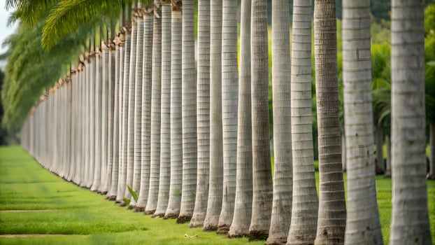 Palm Trees Lined Up Symmetrically in Tropical Garden for Travel Brochures and Tourism Websites photo
