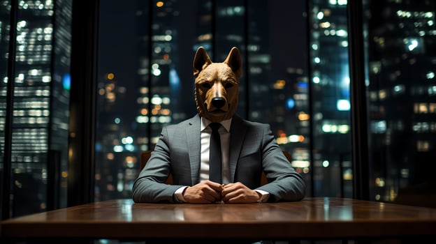 Businessman wearing dog mask sitting at desk in office at night photo