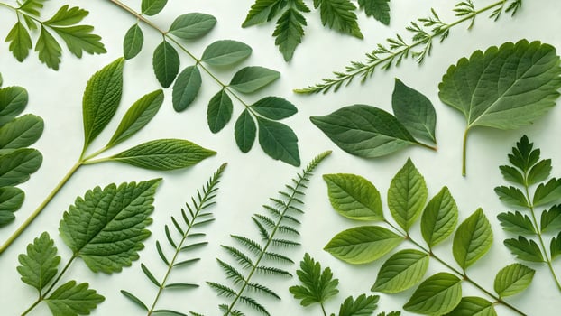 Green Leaves Arranged on White Background for Nature Lovers and Designers photo