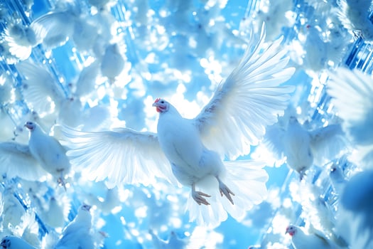 White doves soaring, celestial background, peace concept, spiritual imagery photo