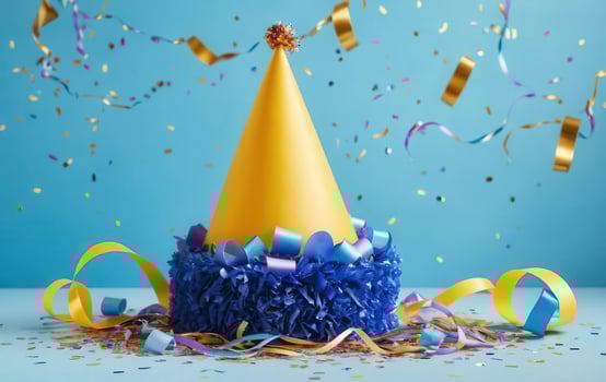 Birthday party hat on blue background with confetti and streamers photo