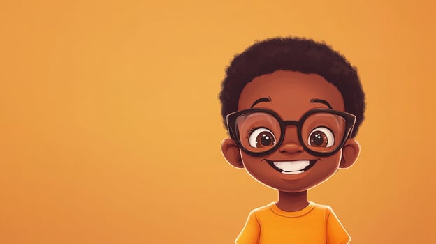 A cheerful cartoon illustration of a young boy with an infectious smile wearing glasses. Depicted against a solid background. photo