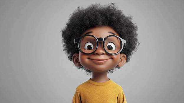 Animated young boy with an Afro wearing glasses and smiling with a yellow shirt standing in front of a grey background. photo