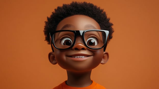 Animated boy with glasses joyfully beams, radiating positivity and a playful spirit, set against an orange background. photo
