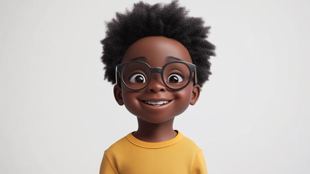 Cartoon child with glasses smiling against a plain background, demonstrating youthful joy and charm through big, expressive eyes. photo